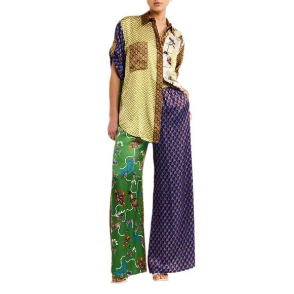 Micas Two Piece Pants Set Floral Printed Short Sleeve Lapel Top & Wide Leg Pants - Picture 2 of 12